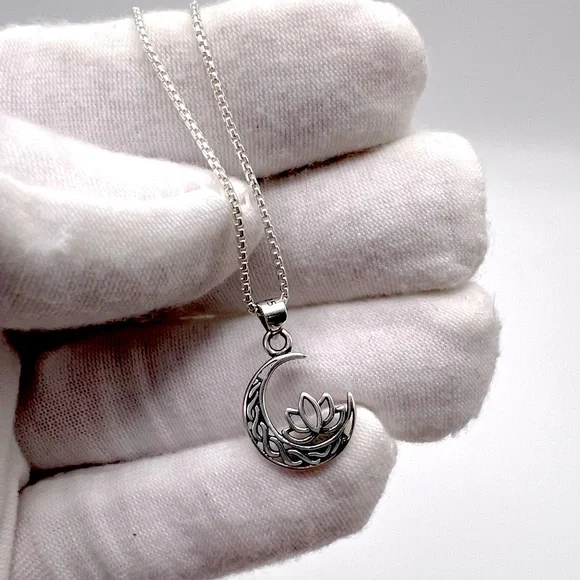 .925 Sterling Silver Moon and Lotus Flower Necklace - Picture 10 of 16
